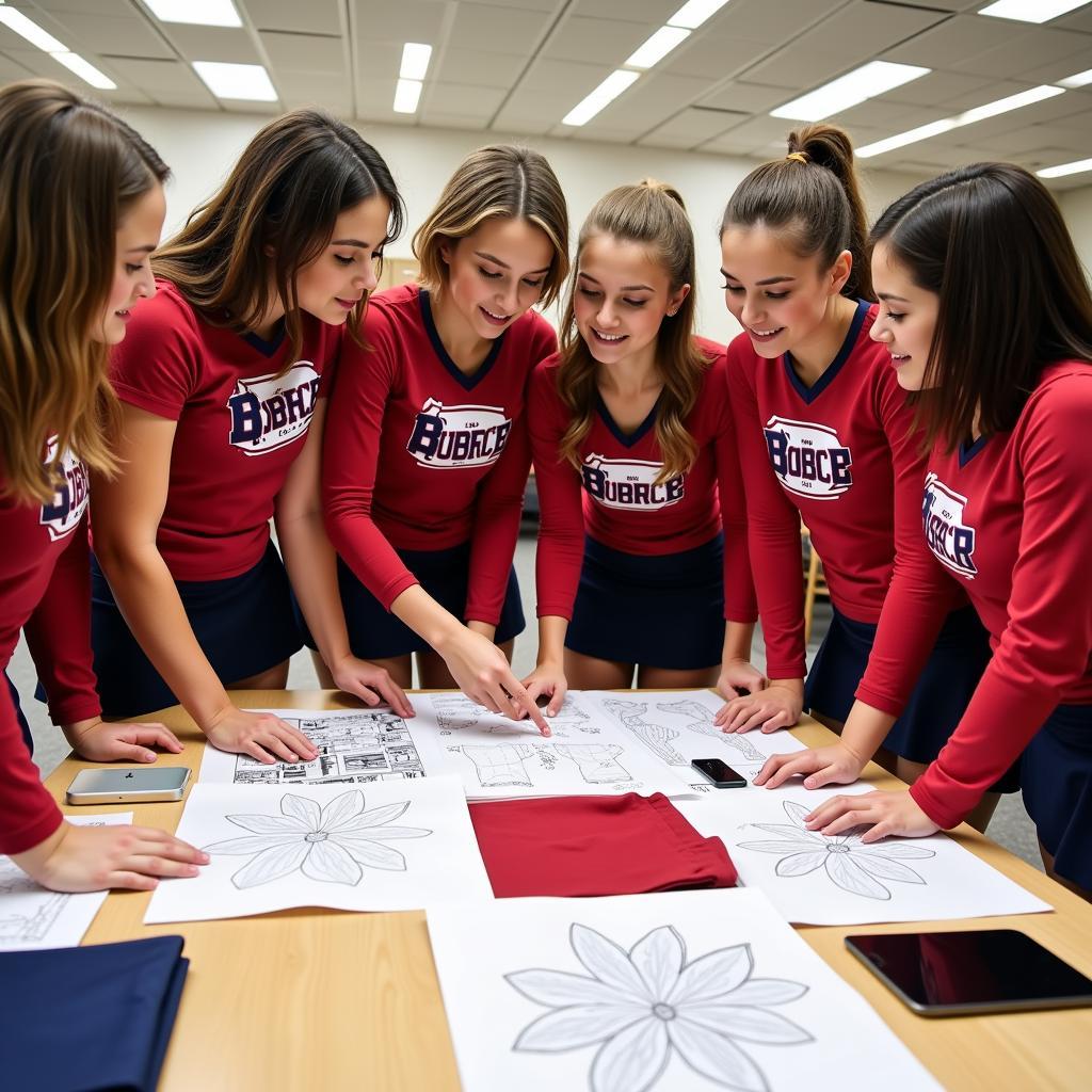 Cheerleaders reviewing different uniform patterns