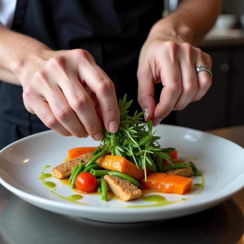 Chef meticulously preparing a gourmet meal with fresh, vibrant ingredients.