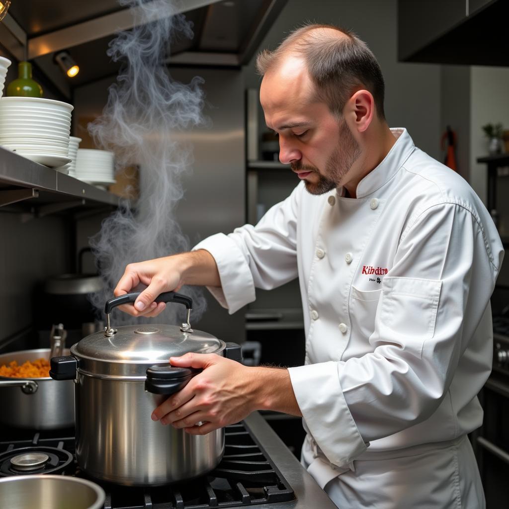 Chef expertly using a pressure cooker to prepare a delicious meal.