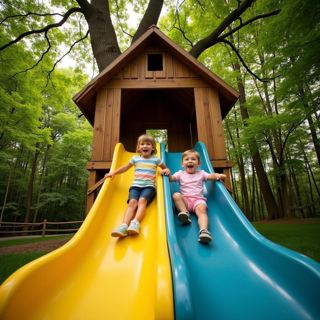 Children Enjoying Treehouse Slide