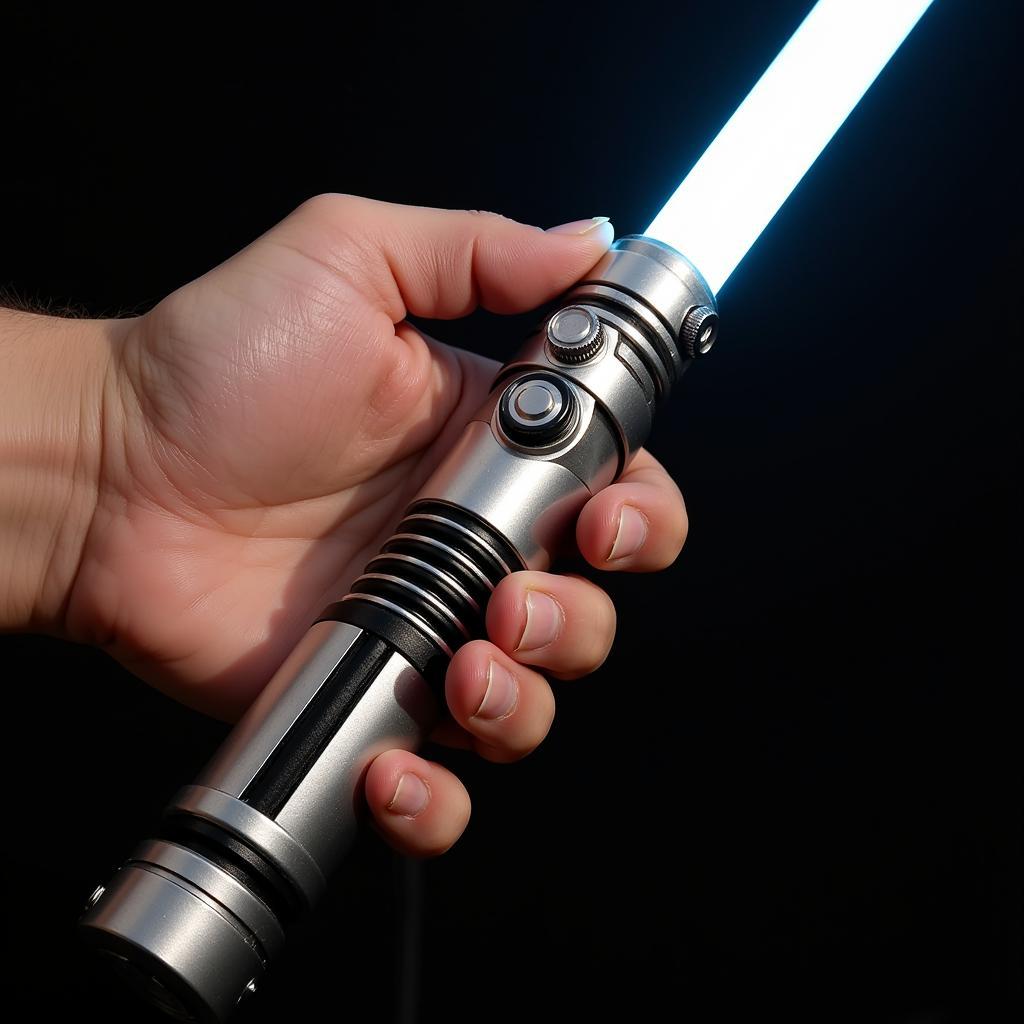 Close-up of a hand holding a lightsaber hilt, inspecting its details.