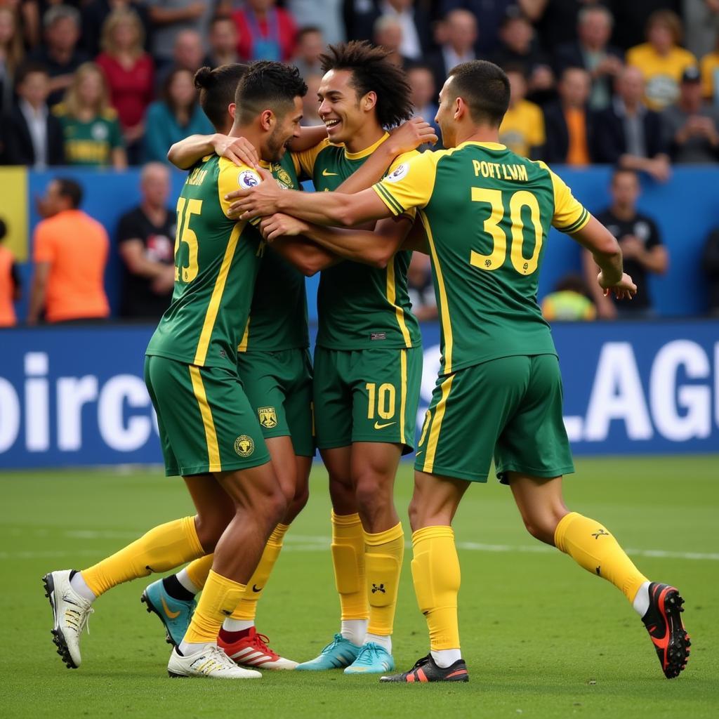 Christian Oliva celebrating a goal with his teammates.