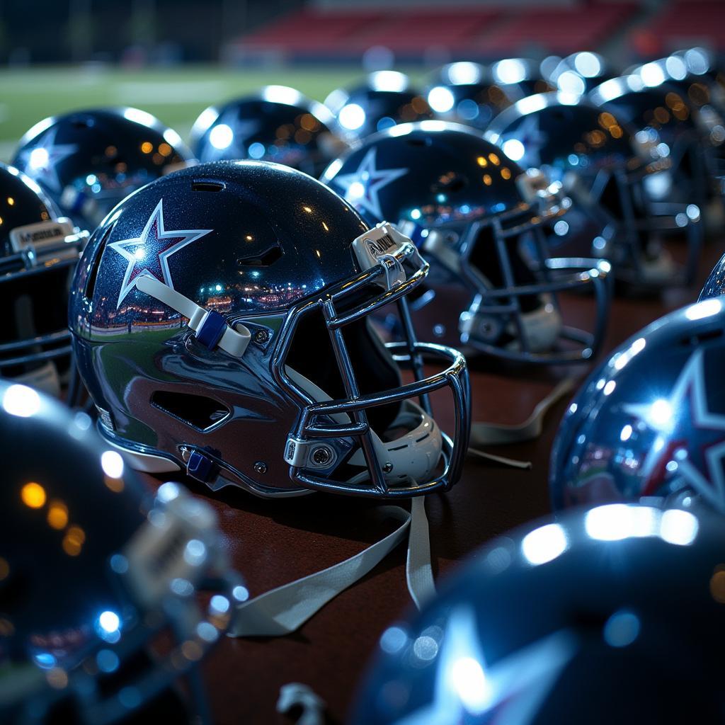 Close-up of several chrome football helmets reflecting the stadium lights.