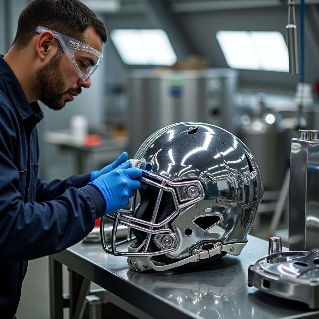 A worker applying a chrome coating to a football helmet in a factory setting.