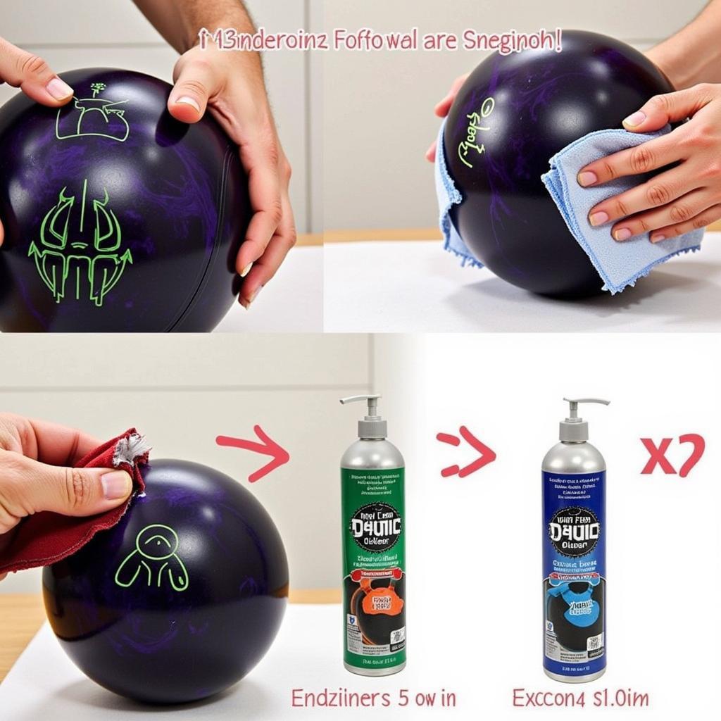 A person cleaning a bowling ball with a specialized cleaning solution and cloth