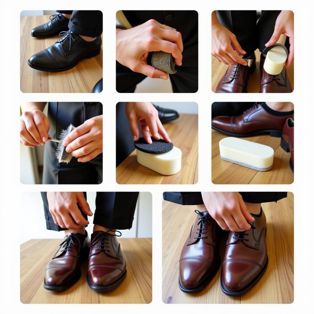 Demonstrating the process of cleaning and polishing livery shoes