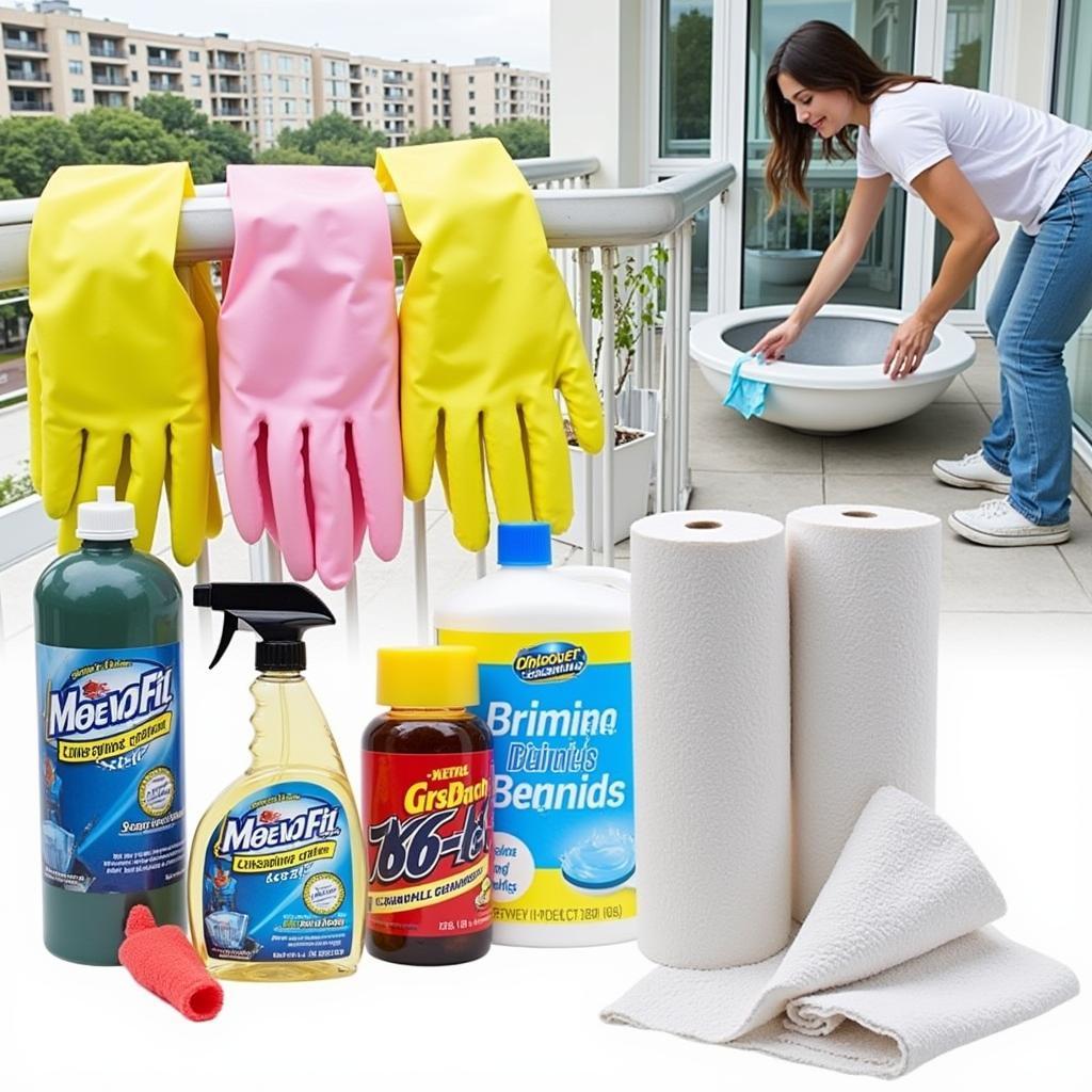 Cleaning supplies and a person cleaning a dog balcony potty.