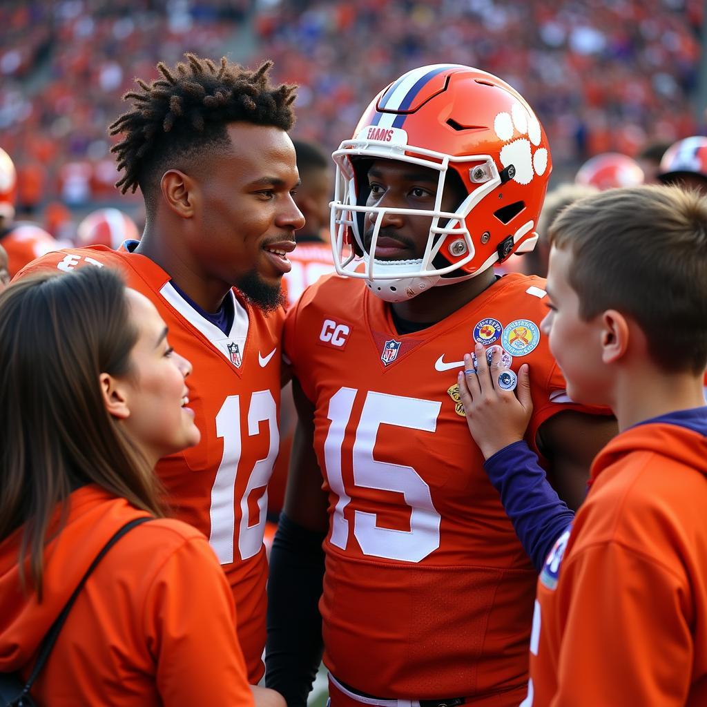 Clemson fans admiring a player's helmet stickers