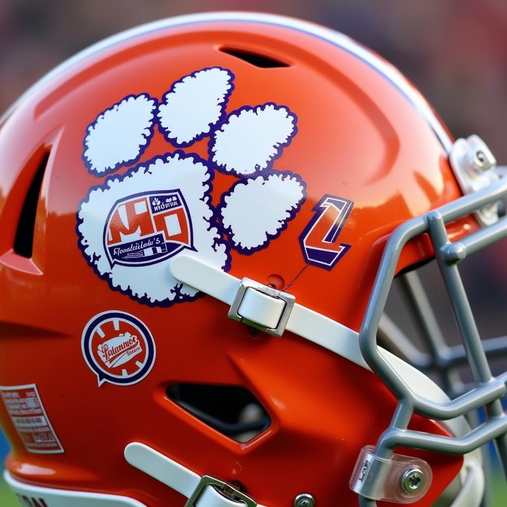 Close-up view of Clemson helmet stickers