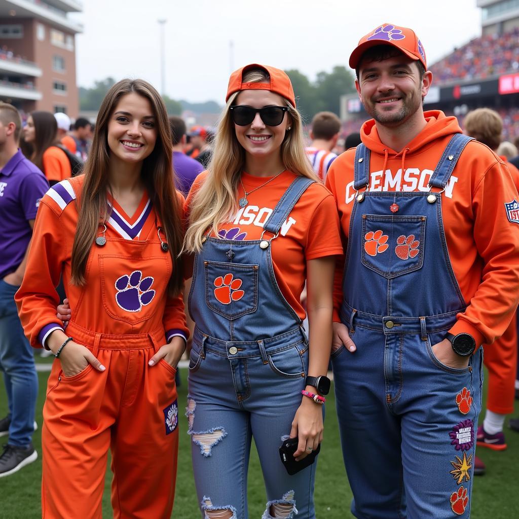 Clemson overalls worn by fans at a tailgate party.