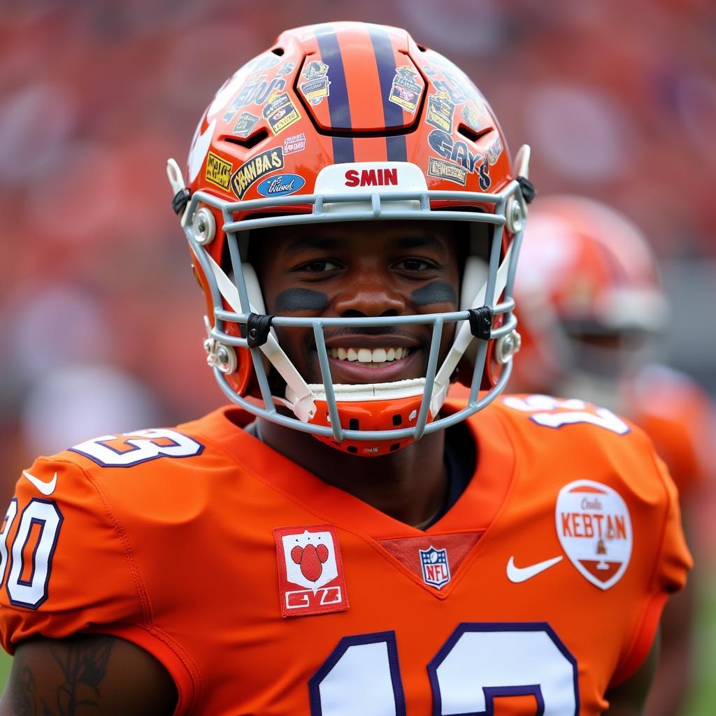 Clemson player proudly displaying his stickered helmet