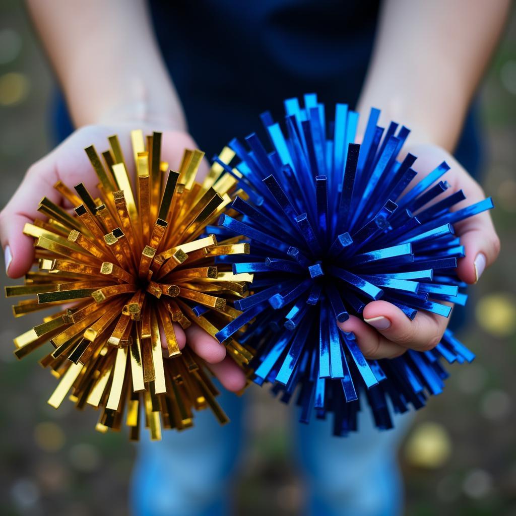 Close-up of blue and gold cheerleading pom poms being waved enthusiastically, highlighting the vibrant colors and dynamic movement.