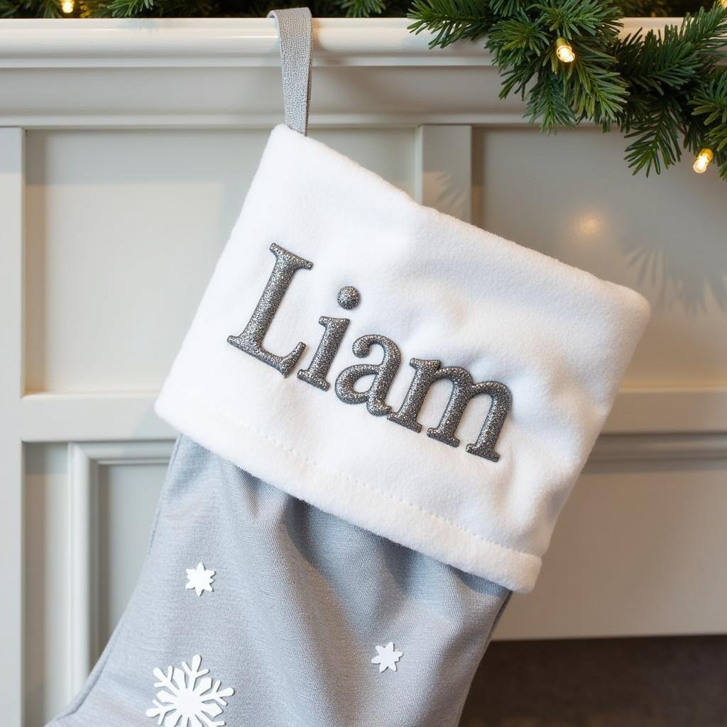 Close-up of Silver and White Christmas Stocking with Personalized Embroidery