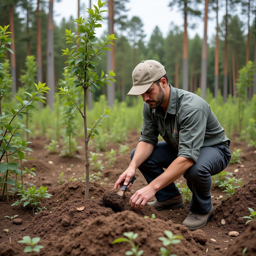 Conservationist working on habitat restoration project