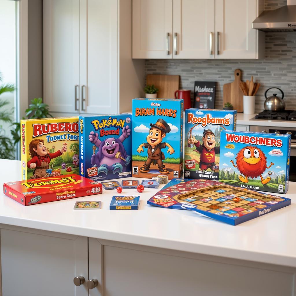 A variety of countertop games spread out on a kitchen counter.