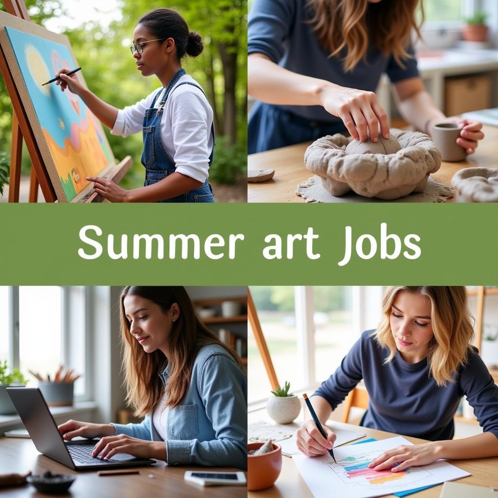 Creative Summer Art Jobs: People engaging in various creative art jobs during the summer, including painting, sculpting, and digital art.