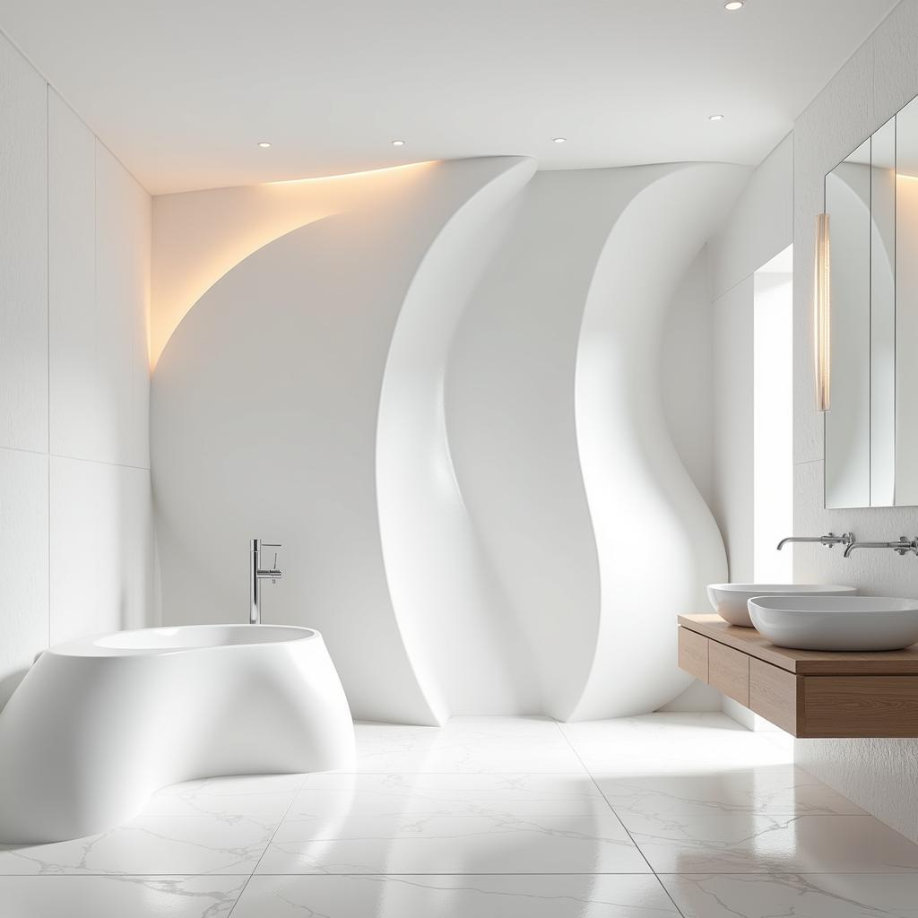 Curved tiles create a unique and elegant look in a modern bathroom.