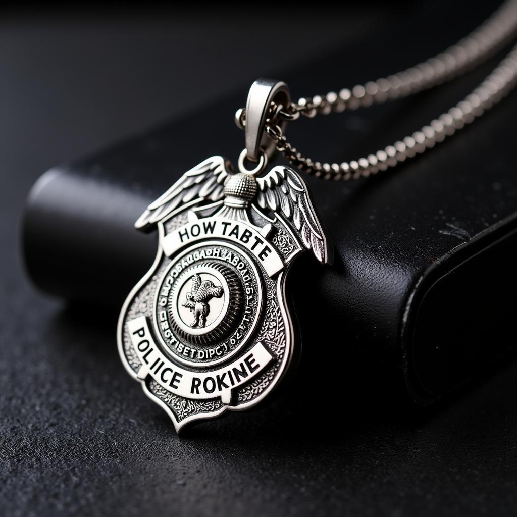 Close-up of a custom police badge necklace showcasing intricate details and craftsmanship