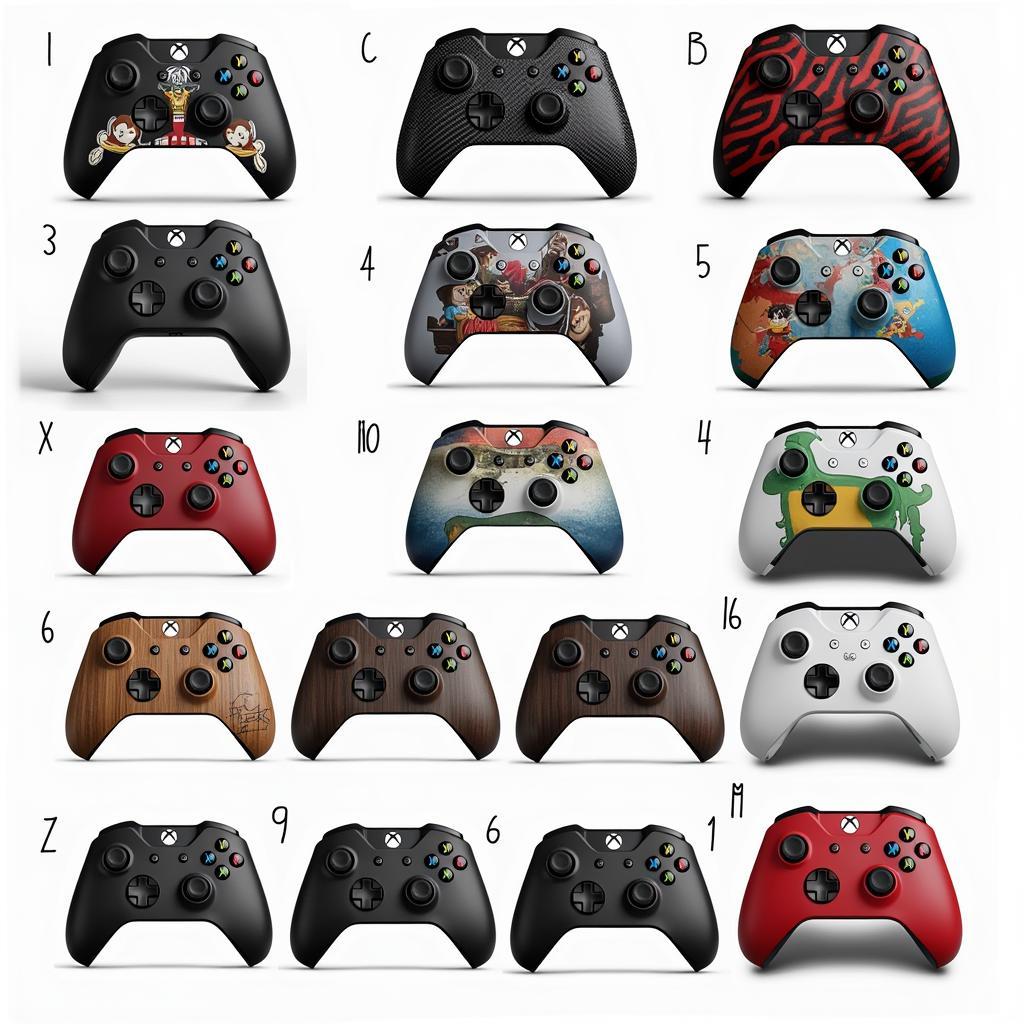 A variety of custom Xbox controller covers showcasing different designs, materials, and personalization options.