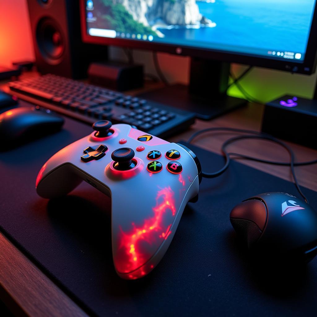 A custom Xbox controller placed within a complete gaming setup, highlighting the personalized touch it adds.