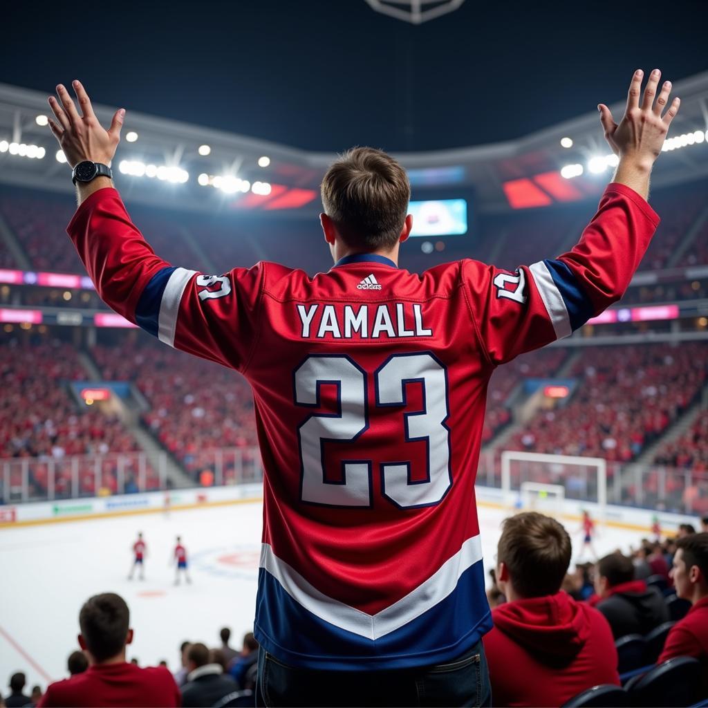 Custom Yamal Guardians Jersey - A fan wearing a personalized Yamal guardians jersey with his name and number on the back, cheering enthusiastically in a stadium.