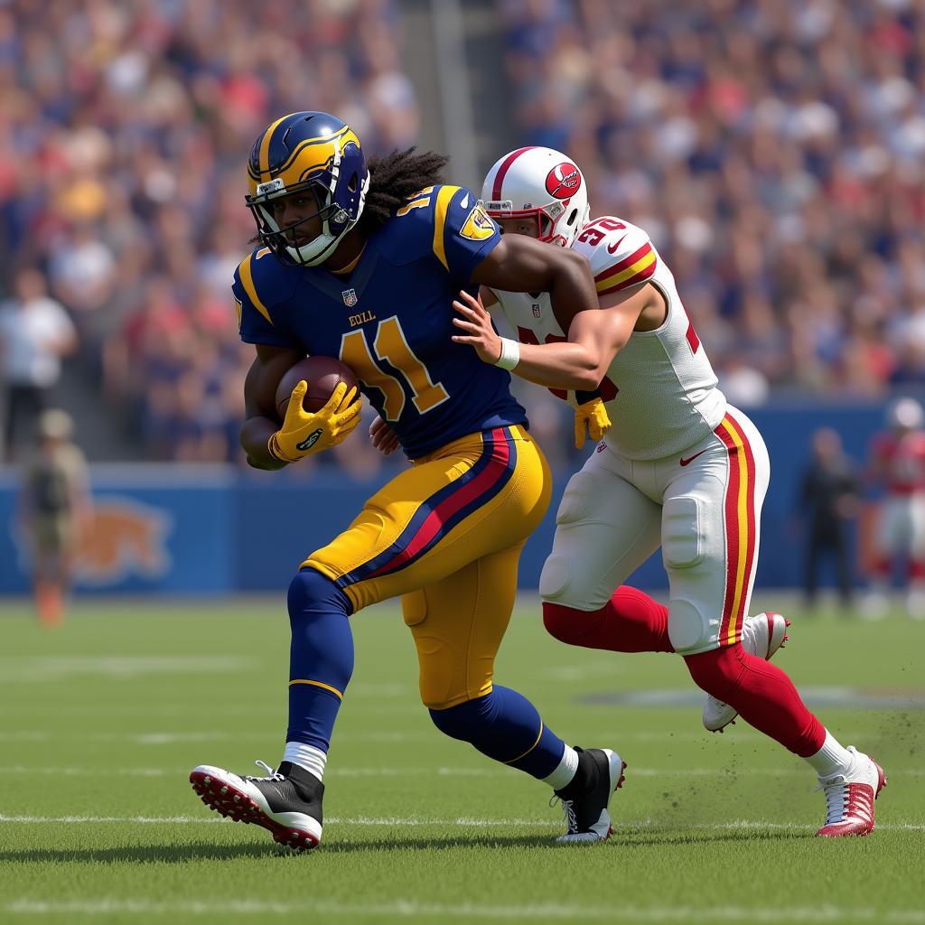 D'Andre Swift breaking a tackle in Madden 23, showcasing his in-game agility and speed.