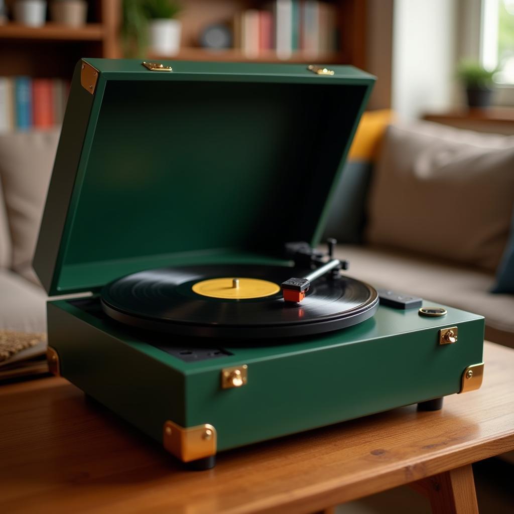 Dark green record player with a vintage style sitting on a wooden stand.