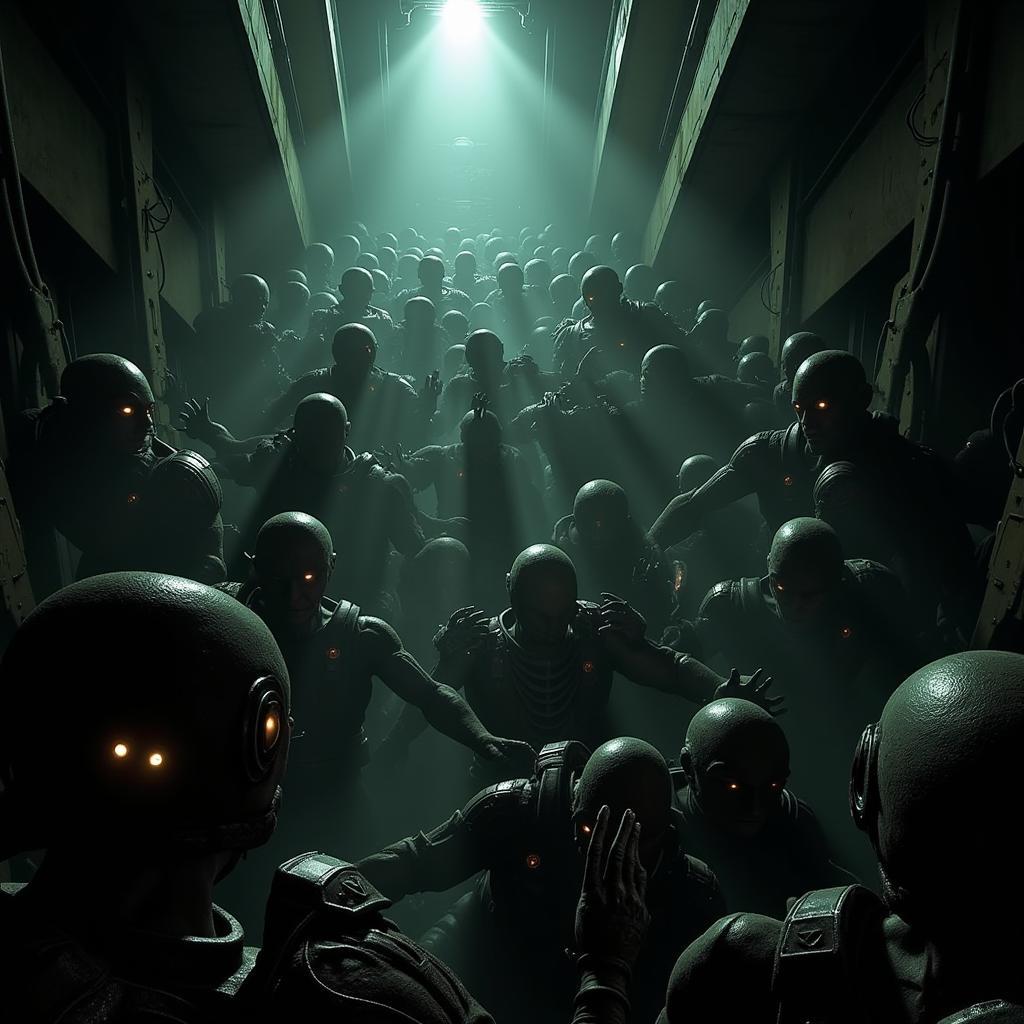 Isaac Clarke facing a Necromorph onslaught in the opening sequence of Dead Space 2