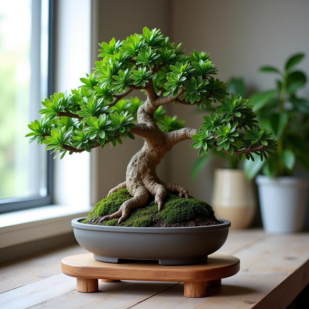 Decorative bonsai tree displayed on a wooden stand in a brightly lit indoor setting.