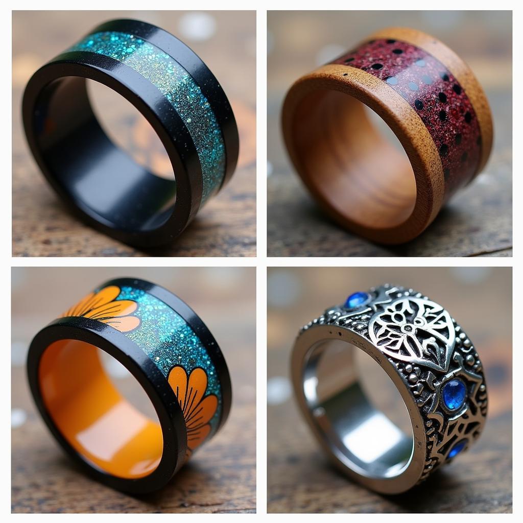 Close-up of dice rings showcasing various materials like metal, wood, and resin