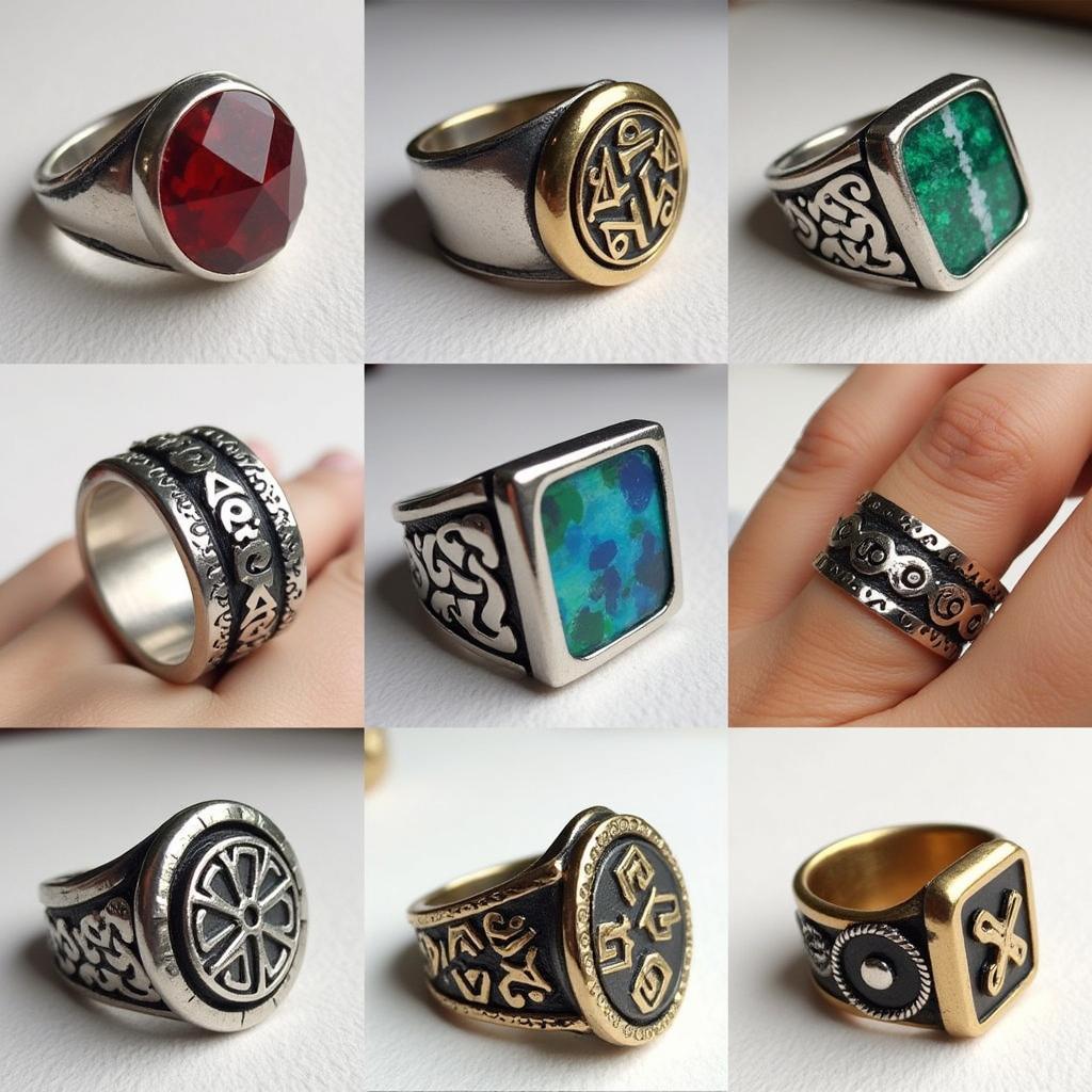 Different styles of dice rings showcasing various materials and designs