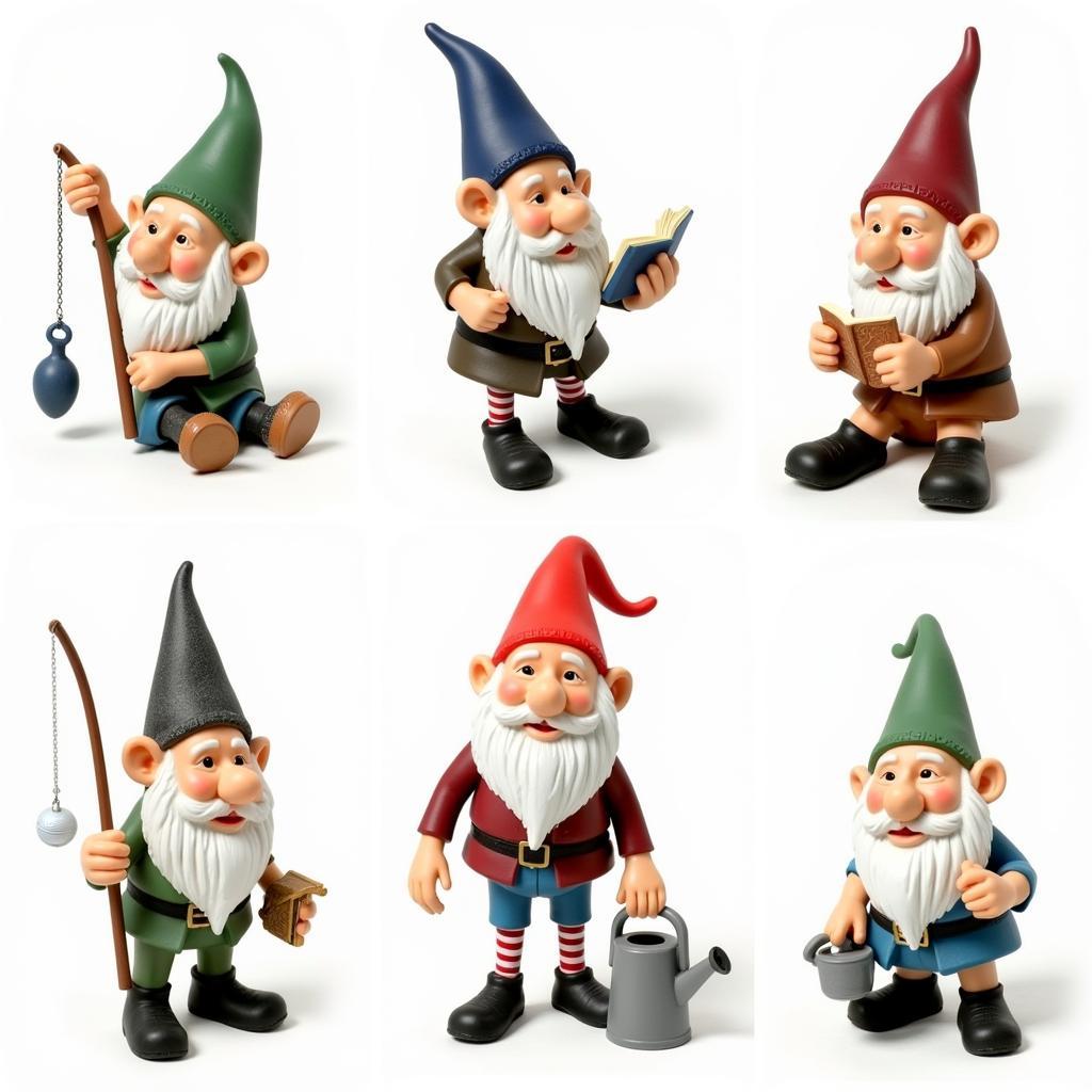 Various bald garden gnomes in different poses and attire, showcasing the diversity available.