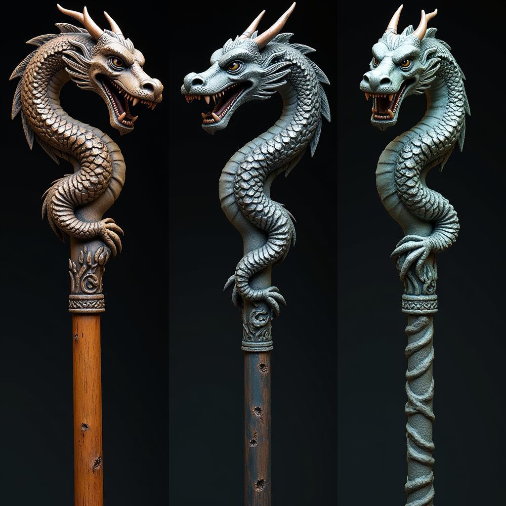 Close-up shots of dragon staffs made of wood, metal, and resin, emphasizing the texture and detail of each material