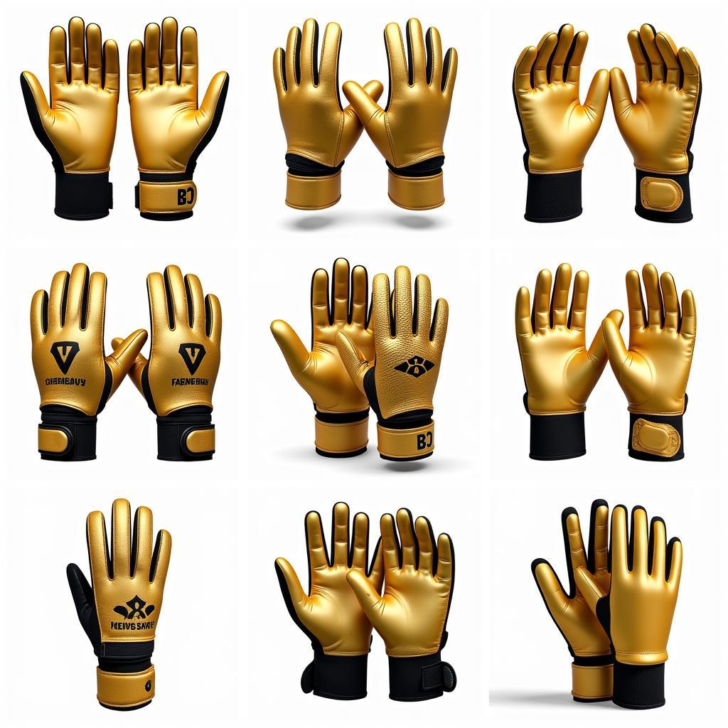 Different designs of gold football gloves showcasing various brands and styles