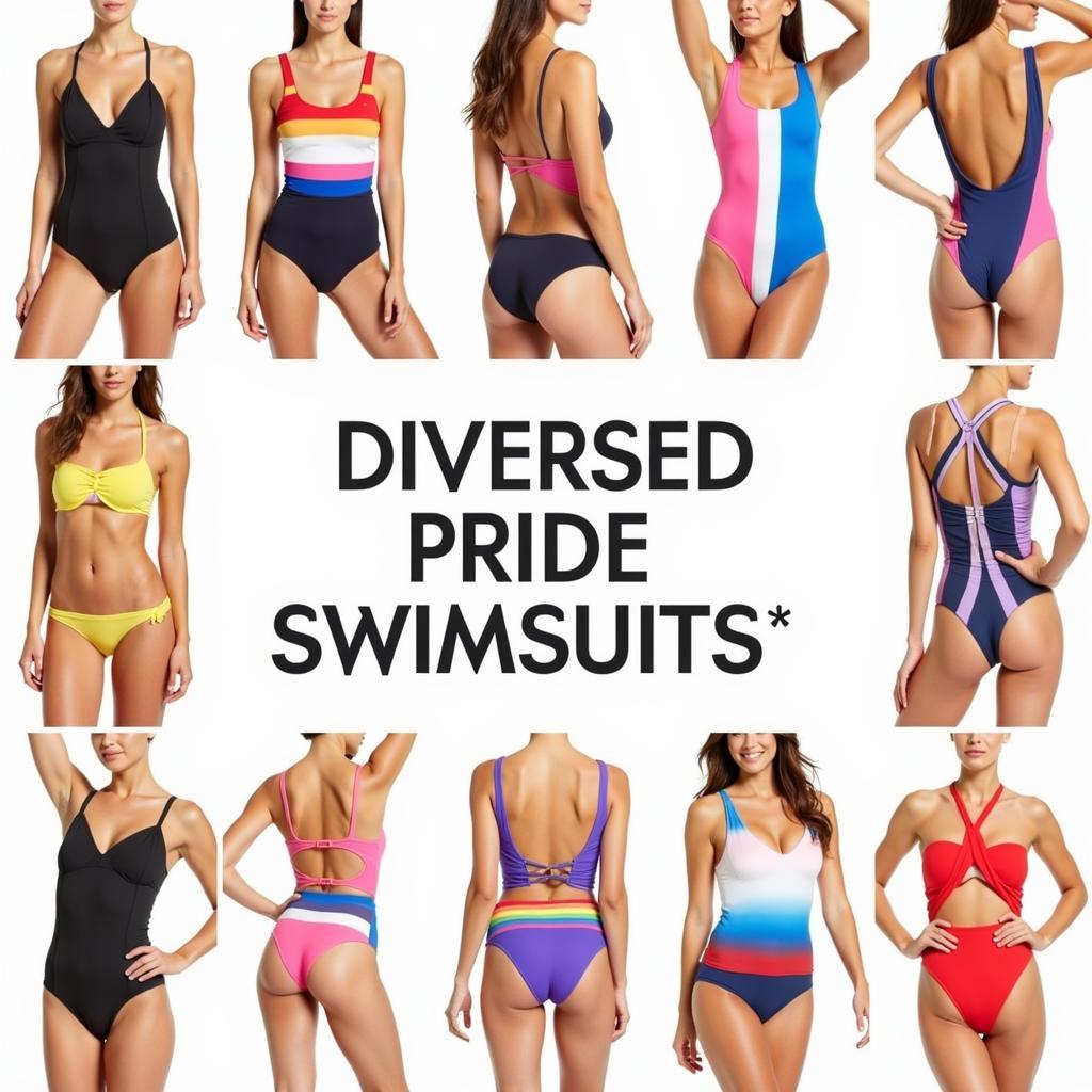 Various pride swimsuit designs showcasing different flags and styles