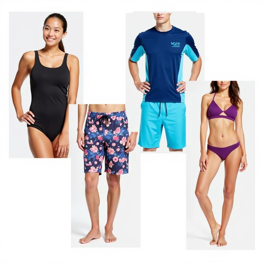 Various swimwear styles for different activities, including surfing, swimming laps, and lounging by the pool