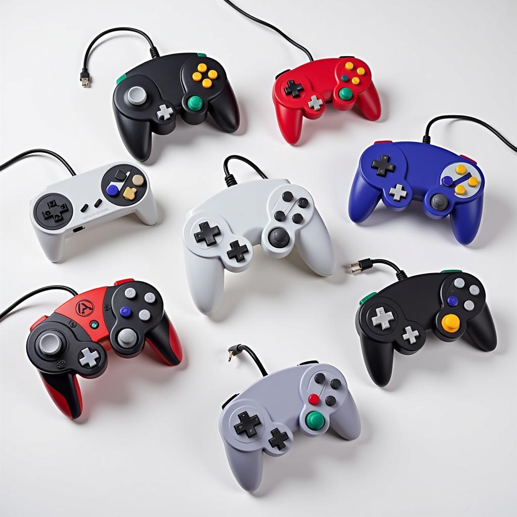 Variety of turbo SNES controllers showcasing different designs, colors, and features.