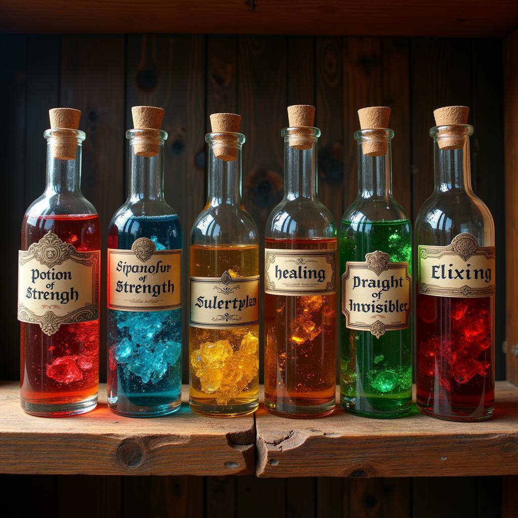 Various vials and bottles filled with different colored potions, labeled with their intended effects.