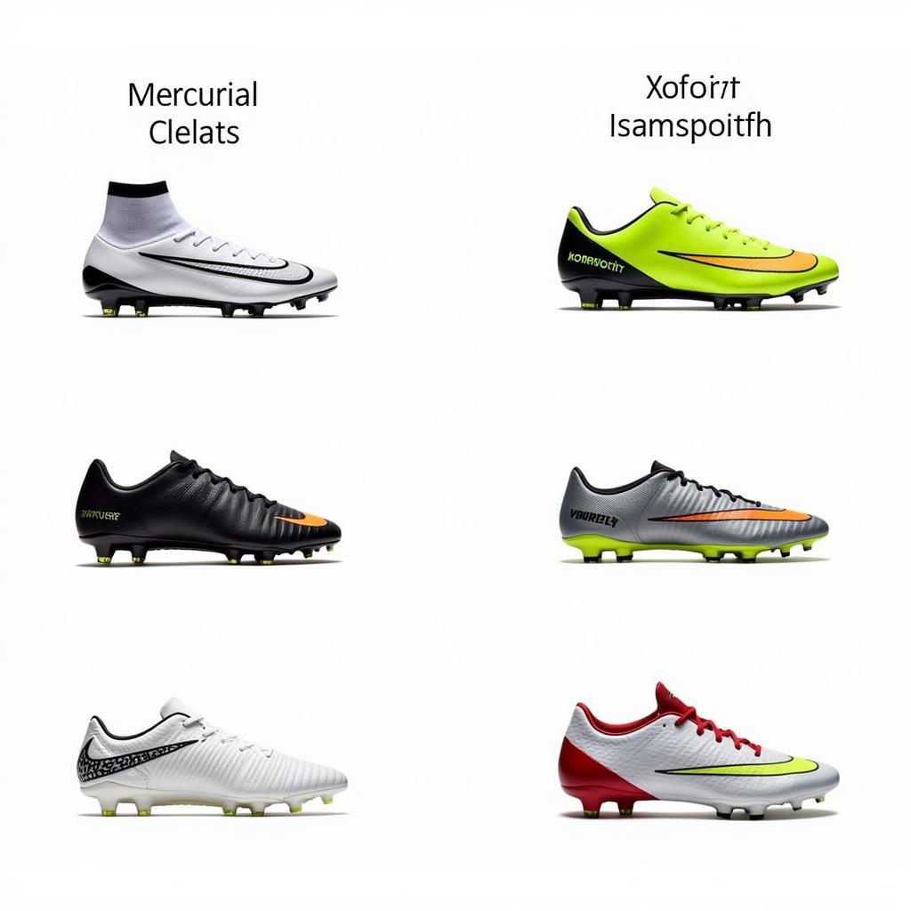 Various Mercurial cleat models displayed, showcasing their diverse designs and features.