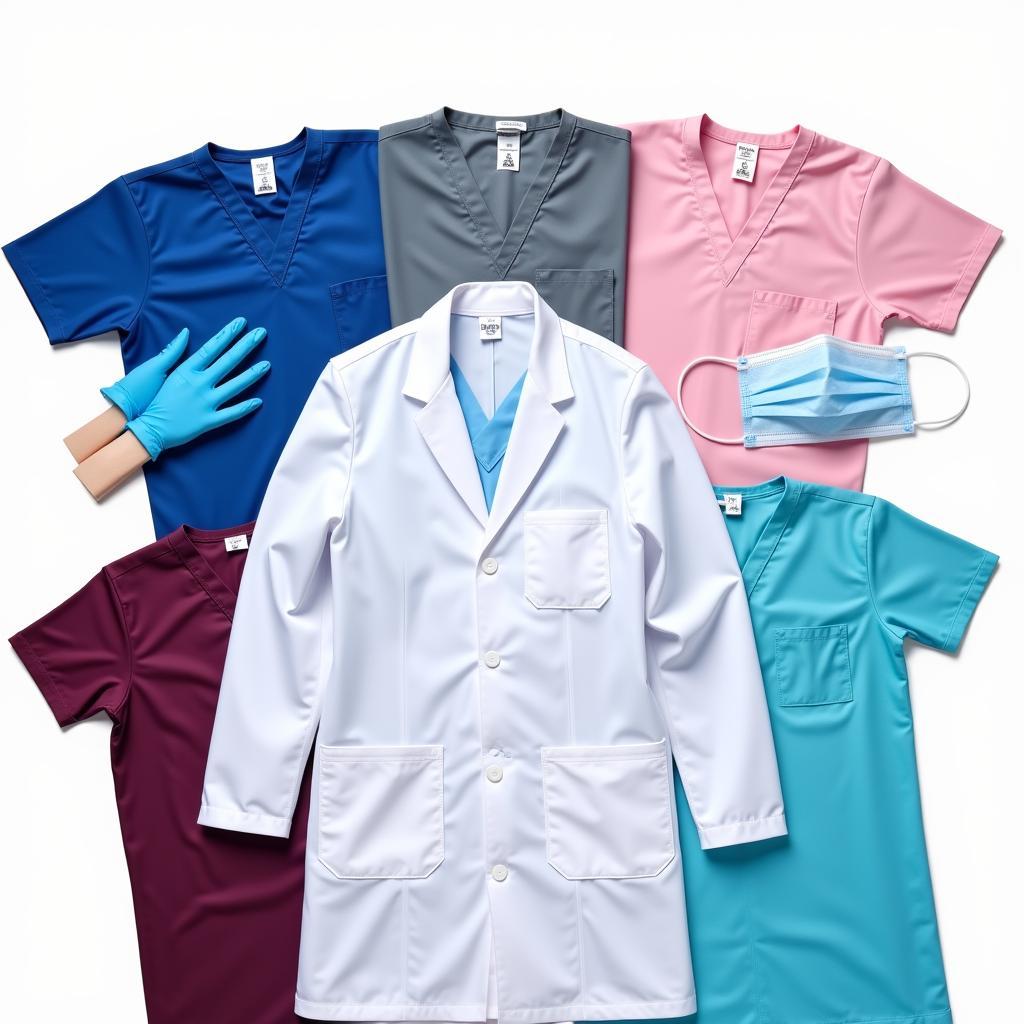 Variety of vet clothing including scrubs, lab coats, and surgical gowns.