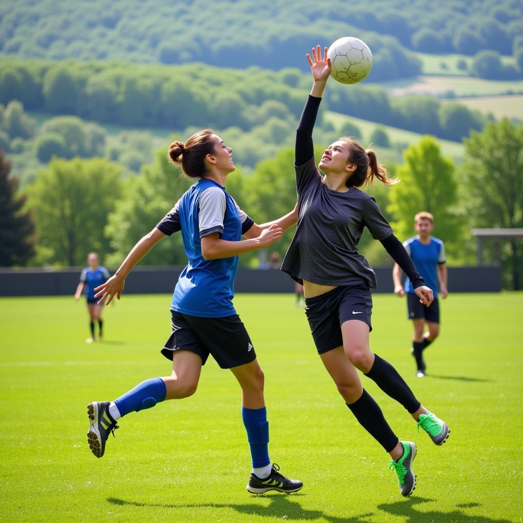 Disc soccer players jumping for the disc mid-air during an intense match.