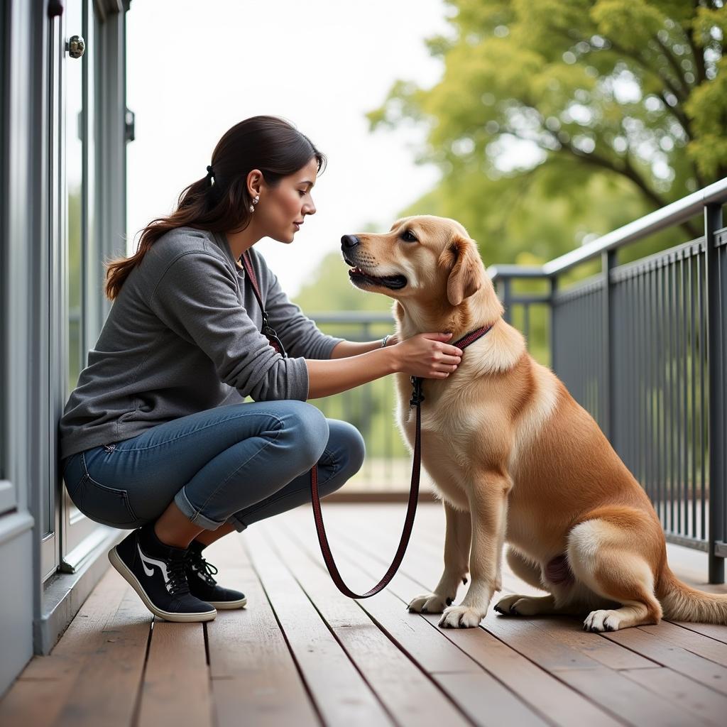 A dog owner training their dog to use a balcony potty.