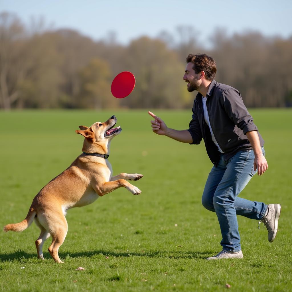 Dog learning to catch a flying disc during training session