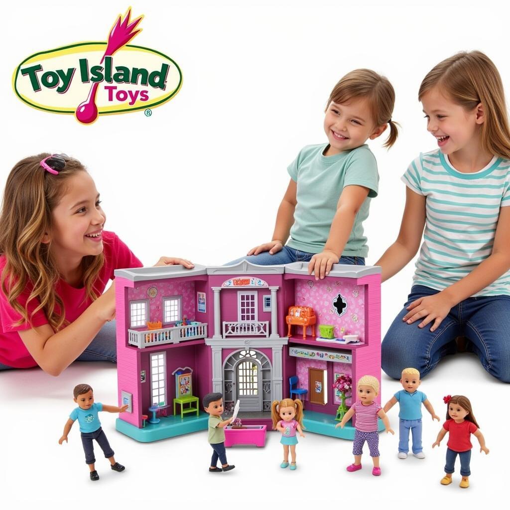 Children playing with dolls and action figures in a playset from Toy Island Toys