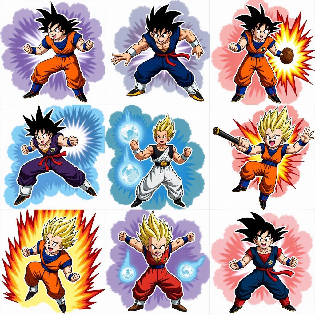 A collection of various Dragon Ball Z character print outs, including Goku, Vegeta, Gohan, and Frieza, showcasing different power levels and transformations.