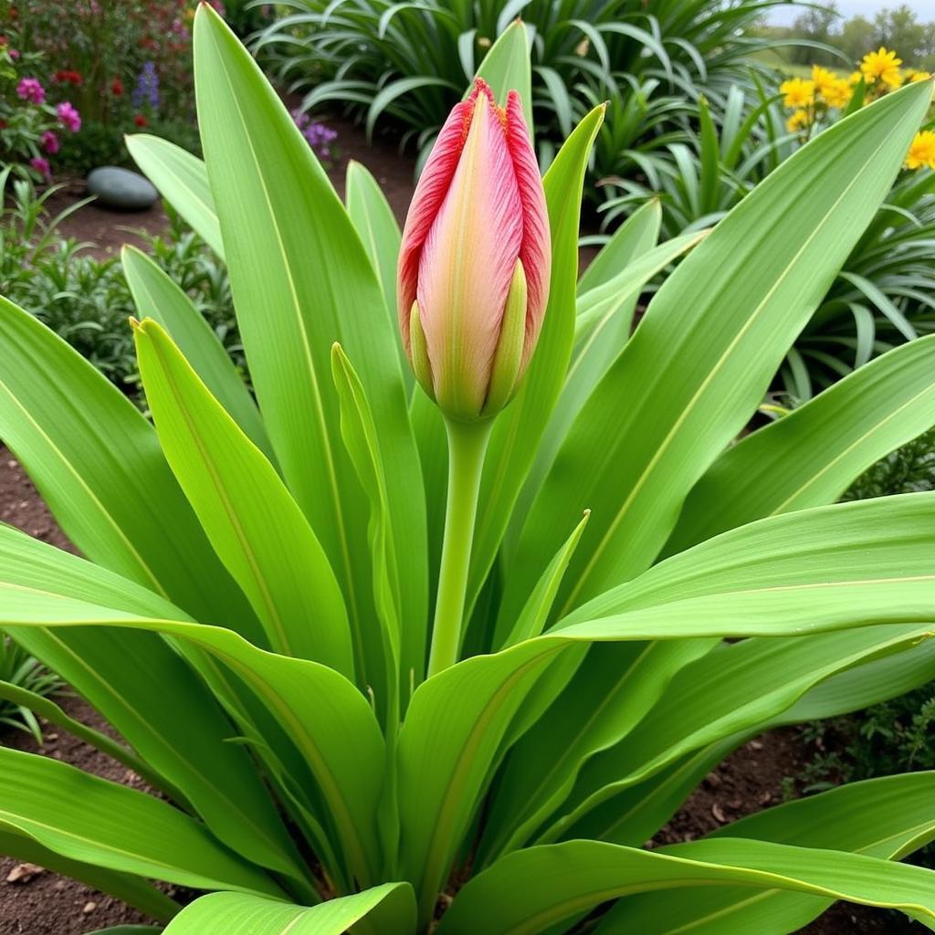 A thriving dragon lily plant in a garden setting