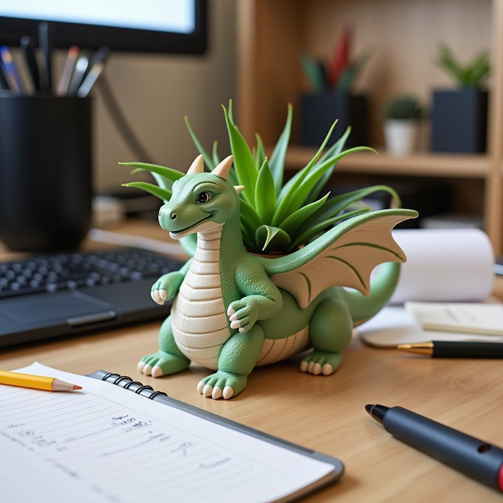 A small, whimsical dragon planter sitting on a desk, adding a touch of fantasy to the workspace.