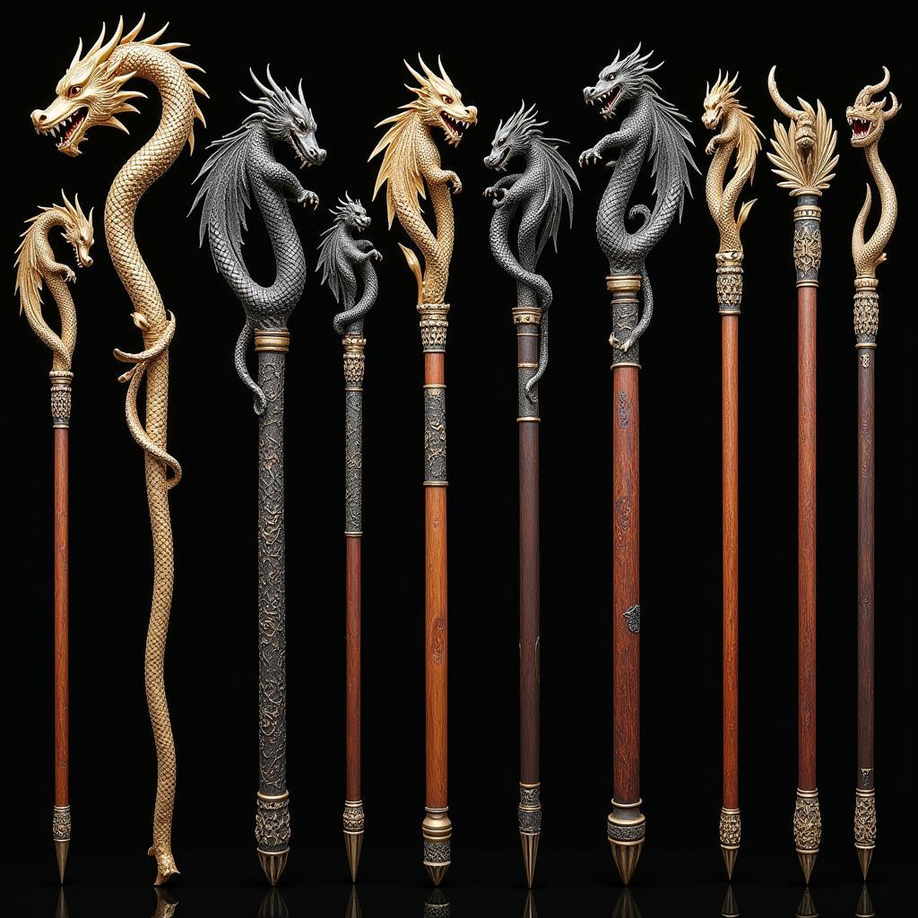 A collection of intricately designed dragon staffs displayed in a velvet-lined case