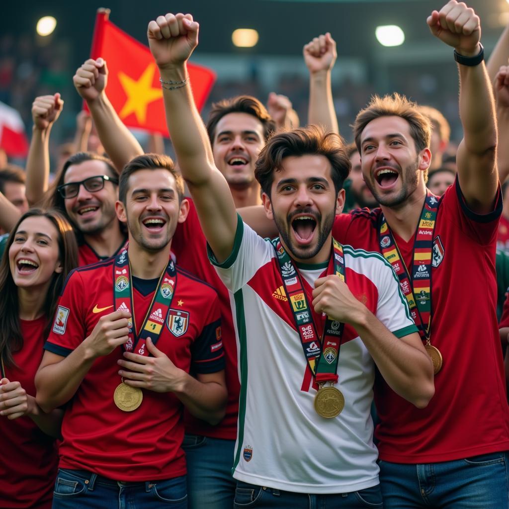 Fans from diverse backgrounds united by their love for eden football, celebrating in stadiums and at home.