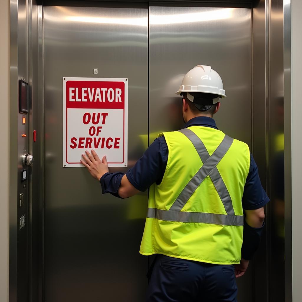 Elevator Maintenance Worker Placing an "Out of Service" Sign